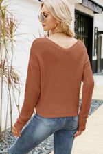 Waffle-Knit Drawstring Detail V-Neck Sweater - SHE BADDY© ONLINE WOMEN FASHION & CLOTHING STORE