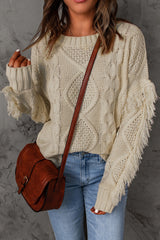 Cable-Knit Fringe Trim Sweater - SHE BADDY© ONLINE WOMEN FASHION & CLOTHING STORE