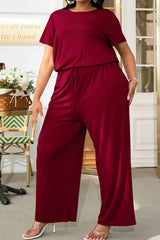 Plus Size Drawstring Waist Short Sleeve Jumpsuit - SHE BADDY© ONLINE WOMEN FASHION & CLOTHING STORE