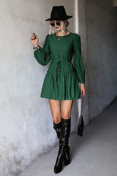 Frill Trim Tie Waist Puff Sleeve Mini Dress - SHE BADDY© ONLINE WOMEN FASHION & CLOTHING STORE