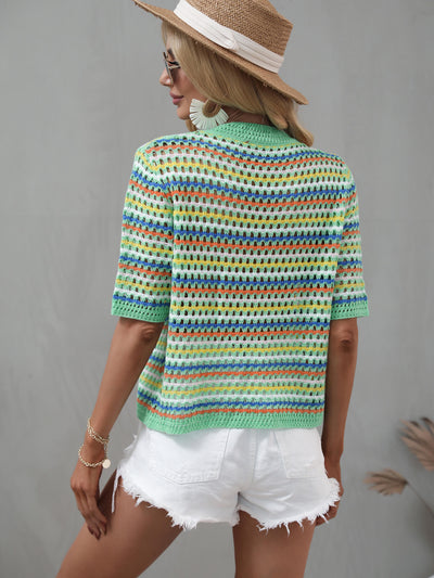 Striped Openwork Half Sleeve Knit Top - SHE BADDY© ONLINE WOMEN FASHION & CLOTHING STORE