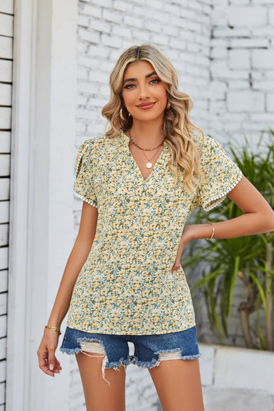 Floral Notched Neck Blouse - SHE BADDY© ONLINE WOMEN FASHION & CLOTHING STORE