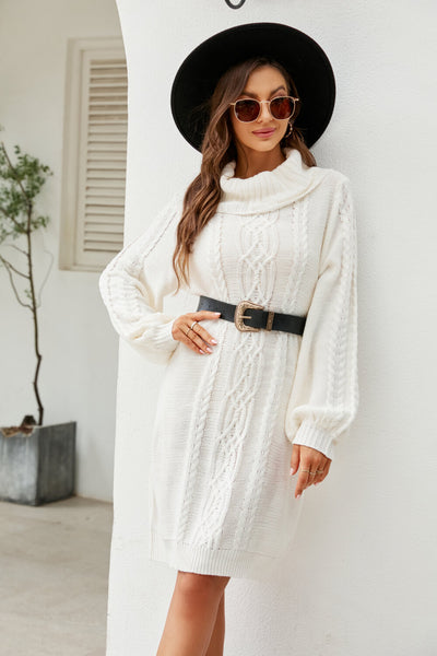 Mixed Knit Turtleneck Lantern Sleeve Sweater Dress - SHE BADDY© ONLINE WOMEN FASHION & CLOTHING STORE