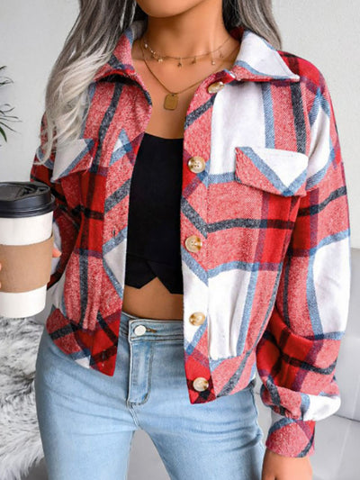 Plaid Collared Neck Drop Shoulder Jacket - SHE BADDY© ONLINE WOMEN FASHION & CLOTHING STORE