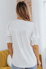 Smocked Flounce Sleeve Notched Neck Blouse - SHE BADDY© ONLINE WOMEN FASHION & CLOTHING STORE