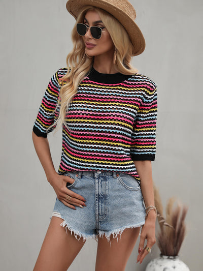 Striped Openwork Half Sleeve Knit Top - SHE BADDY© ONLINE WOMEN FASHION & CLOTHING STORE