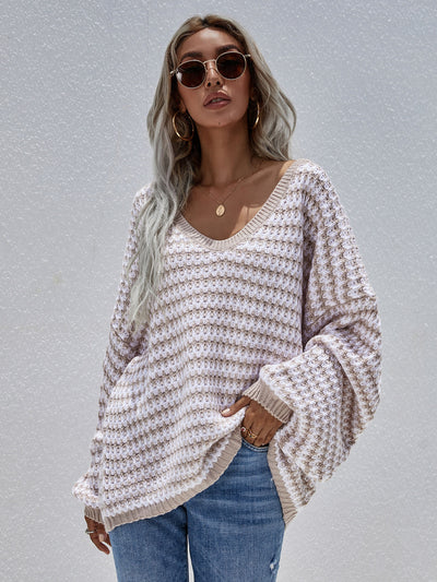 Striped Drop Shoulder V-Neck Pullover Sweater - SHE BADDY© ONLINE WOMEN FASHION & CLOTHING STORE