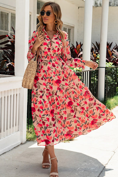 Floral Tie Neck Flounce Sleeve Tiered Dress - SHE BADDY© ONLINE WOMEN FASHION & CLOTHING STORE