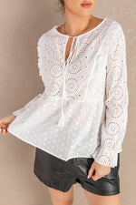 Eyelet Tie-Neck Long Flounce Sleeve Peplum Blouse - SHE BADDY© ONLINE WOMEN FASHION & CLOTHING STORE