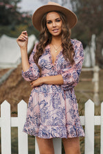 Printed Frill Trim Plunge Tied Open Back Dress - SHE BADDY© ONLINE WOMEN FASHION & CLOTHING STORE