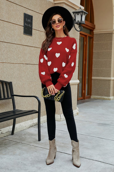 Heart Pattern Lantern Sleeve Round Neck Tunic Sweater - SHE BADDY© ONLINE WOMEN FASHION & CLOTHING STORE