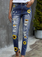 Leopard Patchwork Sunflower Print Distressed High Waist Jeans - SHE BADDY© ONLINE WOMEN FASHION & CLOTHING STORE