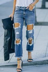 Distressed Frayed Trim Straight Leg Jeans - SHE BADDY© ONLINE WOMEN FASHION & CLOTHING STORE