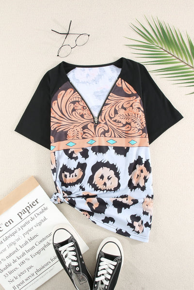 Printed Zip-Collar Short Raglan Sleeve Tee - SHE BADDY© ONLINE WOMEN FASHION & CLOTHING STORE