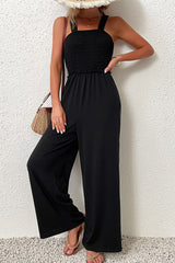 Smocked Sleeveless Wide Leg Jumpsuit with Pockets - SHE BADDY© ONLINE WOMEN FASHION & CLOTHING STORE