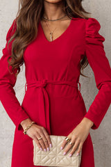 Belted Long Puff Sleeve V-Neck Jumpsuit - SHE BADDY© ONLINE WOMEN FASHION & CLOTHING STORE