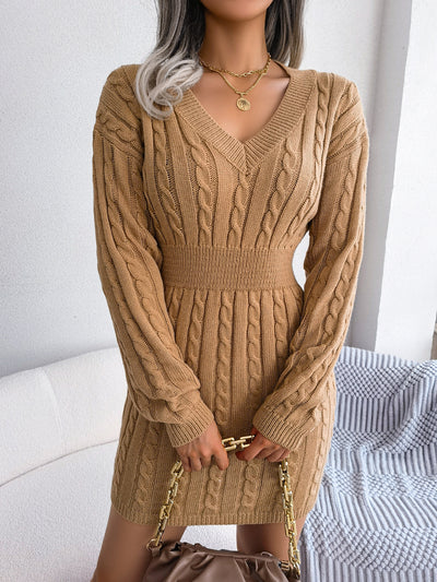 Cable-Knit V-Neck Mini Sweater Dress - SHE BADDY© ONLINE WOMEN FASHION & CLOTHING STORE