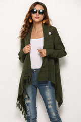 One-Button Tassel Tie Asymmetrical Hem Cardigan - SHE BADDY© ONLINE WOMEN FASHION & CLOTHING STORE