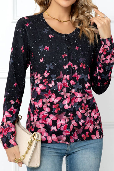 Floral Button Front Round Neck Cardigan - SHE BADDY© ONLINE WOMEN FASHION & CLOTHING STORE
