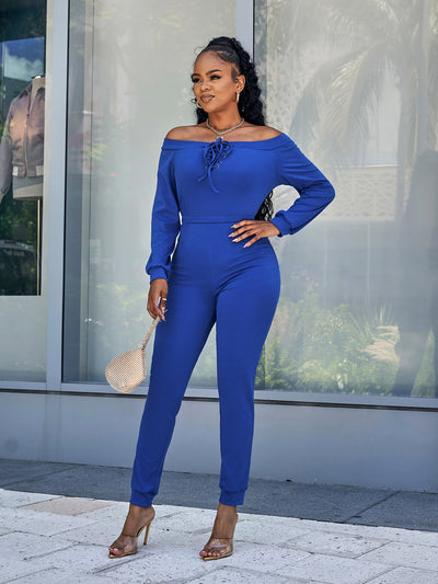 Lace-Up Off-Shoulder Long Sleeve Jumpsuit - SHE BADDY© ONLINE WOMEN FASHION & CLOTHING STORE