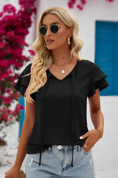 Swiss Dot Tie-Neck Flutter Sleeve Blouse - SHE BADDY© ONLINE WOMEN FASHION & CLOTHING STORE