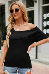 Asymmetrical Neck Rib-Knit Top - SHE BADDY© ONLINE WOMEN FASHION & CLOTHING STORE