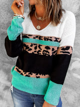 Leopard Color Block V-Neck Rib-Knit Sweater - SHE BADDY© ONLINE WOMEN FASHION & CLOTHING STORE