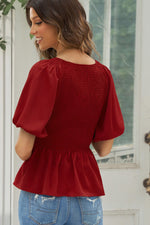 Smocked Balloon Sleeve Peplum Blouse - SHE BADDY© ONLINE WOMEN FASHION & CLOTHING STORE