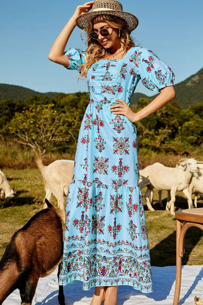 Floral Ruched Puff Sleeve Tiered Maxi Dress - SHE BADDY© ONLINE WOMEN FASHION & CLOTHING STORE