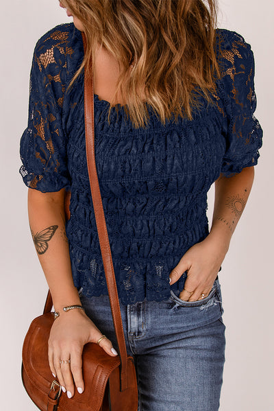 Lace Smocked Flounce Sleeve Blouse - SHE BADDY© ONLINE WOMEN FASHION & CLOTHING STORE