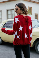 Star Pattern Lace-Up Drop Shoulder Sweater - SHE BADDY© ONLINE WOMEN FASHION & CLOTHING STORE