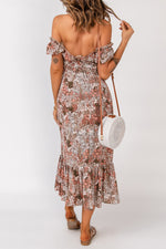 Floral Off-Shoulder Frill Trim Split Dress - SHE BADDY© ONLINE WOMEN FASHION & CLOTHING STORE