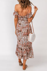Floral Off-Shoulder Frill Trim Split Dress - SHE BADDY© ONLINE WOMEN FASHION & CLOTHING STORE