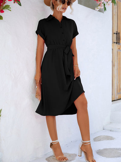 Cuffed Short Sleeve Belted Shirt Dress - SHE BADDY© ONLINE WOMEN FASHION & CLOTHING STORE