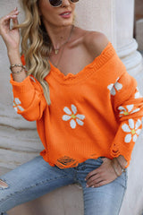 Flower Distressed Ribbed Trim Sweater - SHE BADDY© ONLINE WOMEN FASHION & CLOTHING STORE