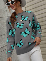 Butterfly Dropped Shoulder Crewneck Sweater - SHE BADDY© ONLINE WOMEN FASHION & CLOTHING STORE