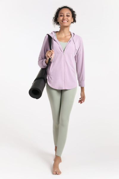 Curved Hem Drawstring Hooded Sports Jacket - SHE BADDY© ONLINE WOMEN FASHION & CLOTHING STORE