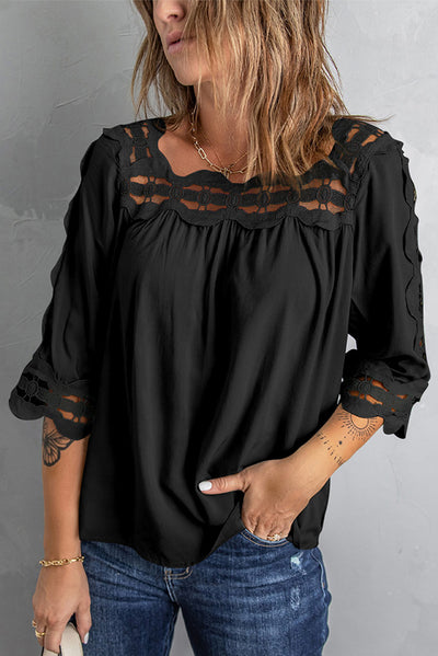 Crochet Openwork Three-Quarter Sleeve Blouse - SHE BADDY© ONLINE WOMEN FASHION & CLOTHING STORE