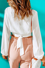 Tied Balloon Sleeve Cropped Blouse - SHE BADDY© ONLINE WOMEN FASHION & CLOTHING STORE