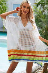 Rainbow Stripe Openwork Slit Cover-Up - SHE BADDY© ONLINE WOMEN FASHION & CLOTHING STORE