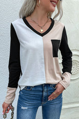 Spliced Long Sleeve Tee with Pocket - SHE BADDY© ONLINE WOMEN FASHION & CLOTHING STORE