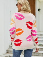 Lip Print V-Neck Knit Top - SHE BADDY© ONLINE WOMEN FASHION & CLOTHING STORE