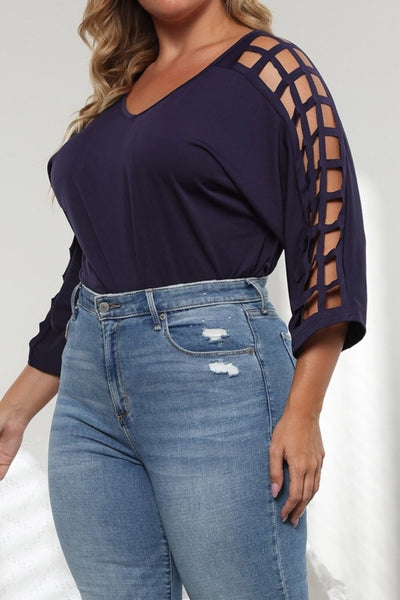 Plus Size Cutout Three-Quarter Sleeve Blouse - SHE BADDY© ONLINE WOMEN FASHION & CLOTHING STORE