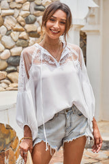Embroidered Tie-Neck Puff Sleeve Blouse - SHE BADDY© ONLINE WOMEN FASHION & CLOTHING STORE