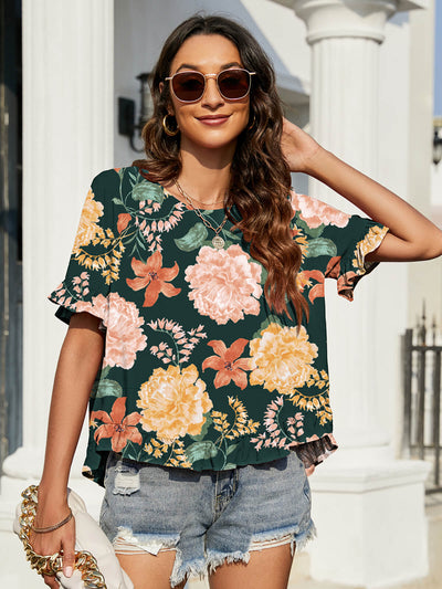 Floral Ruffled Flounce Sleeve Blouse - SHE BADDY© ONLINE WOMEN FASHION & CLOTHING STORE