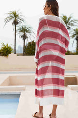 Striped Open Front Side Slit Duster Cover Up - SHE BADDY© ONLINE WOMEN FASHION & CLOTHING STORE