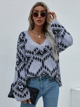 Geometric Print Chunky Knit Sweater - SHE BADDY© ONLINE WOMEN FASHION & CLOTHING STORE