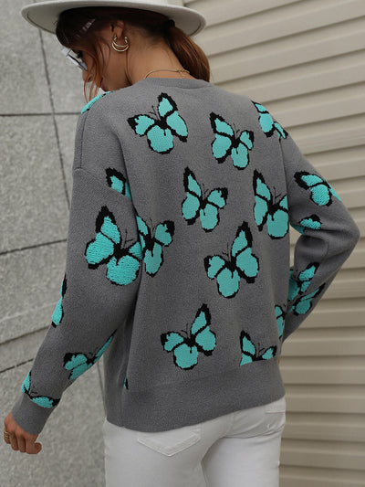 Butterfly Dropped Shoulder Crewneck Sweater - SHE BADDY© ONLINE WOMEN FASHION & CLOTHING STORE