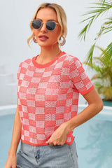 Checkered Short Sleeve Knit Top - SHE BADDY© ONLINE WOMEN FASHION & CLOTHING STORE