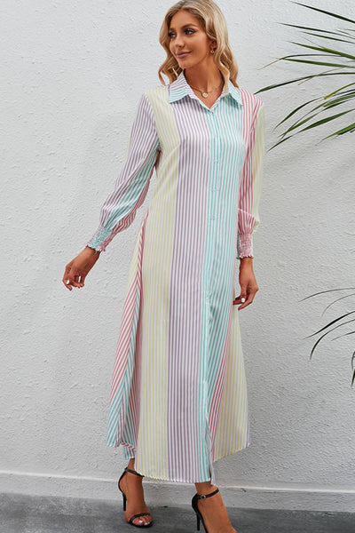 Rainbow Stripe Button-Up Maxi Shirt Dress - SHE BADDY© ONLINE WOMEN FASHION & CLOTHING STORE